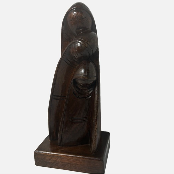 Vintage Wooden Statue Three Women Praying MCM Minimalist Dark Brown Solid 6x4.5